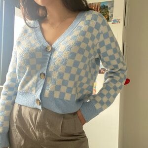 Checkered pastel blue and white cardigan